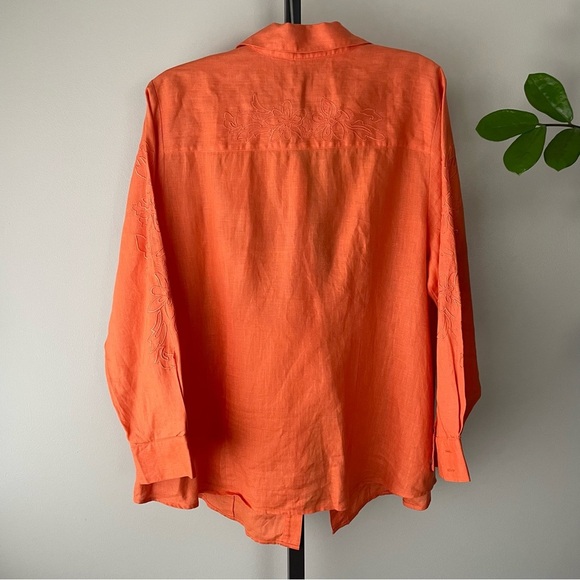Edward Irish Linen Orange Embroidered 100% Linen Button Down Top Shirt Plus Size - Picture 5 of 10